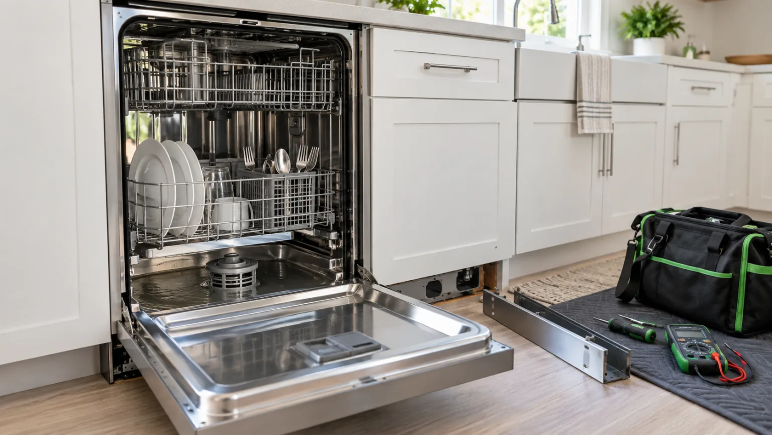 Open dishwasher with standing water prepared for professional drainage diagnosis