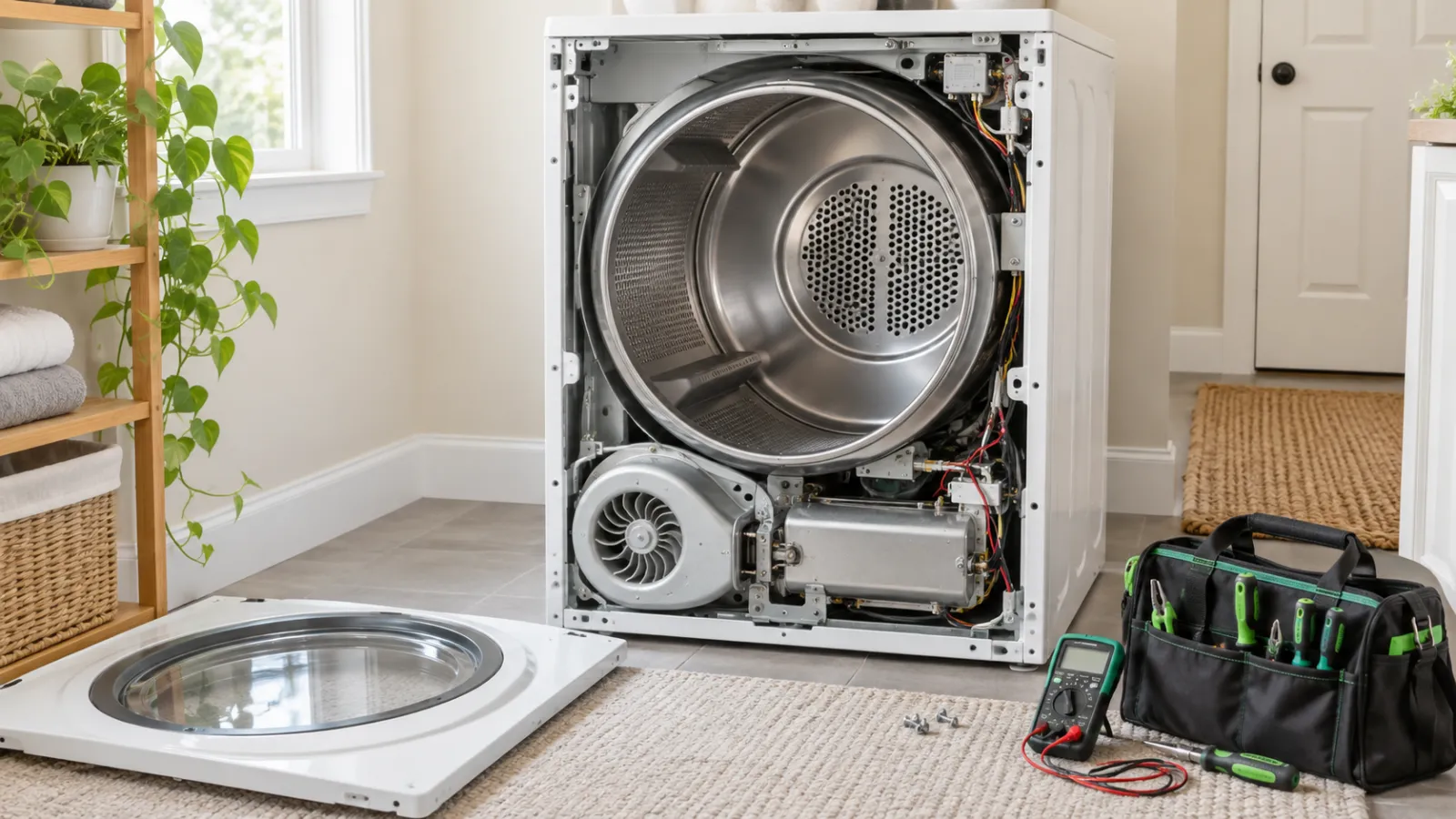 Illustration of an opened front-load dryer prepared for professional no-heat diagnosis