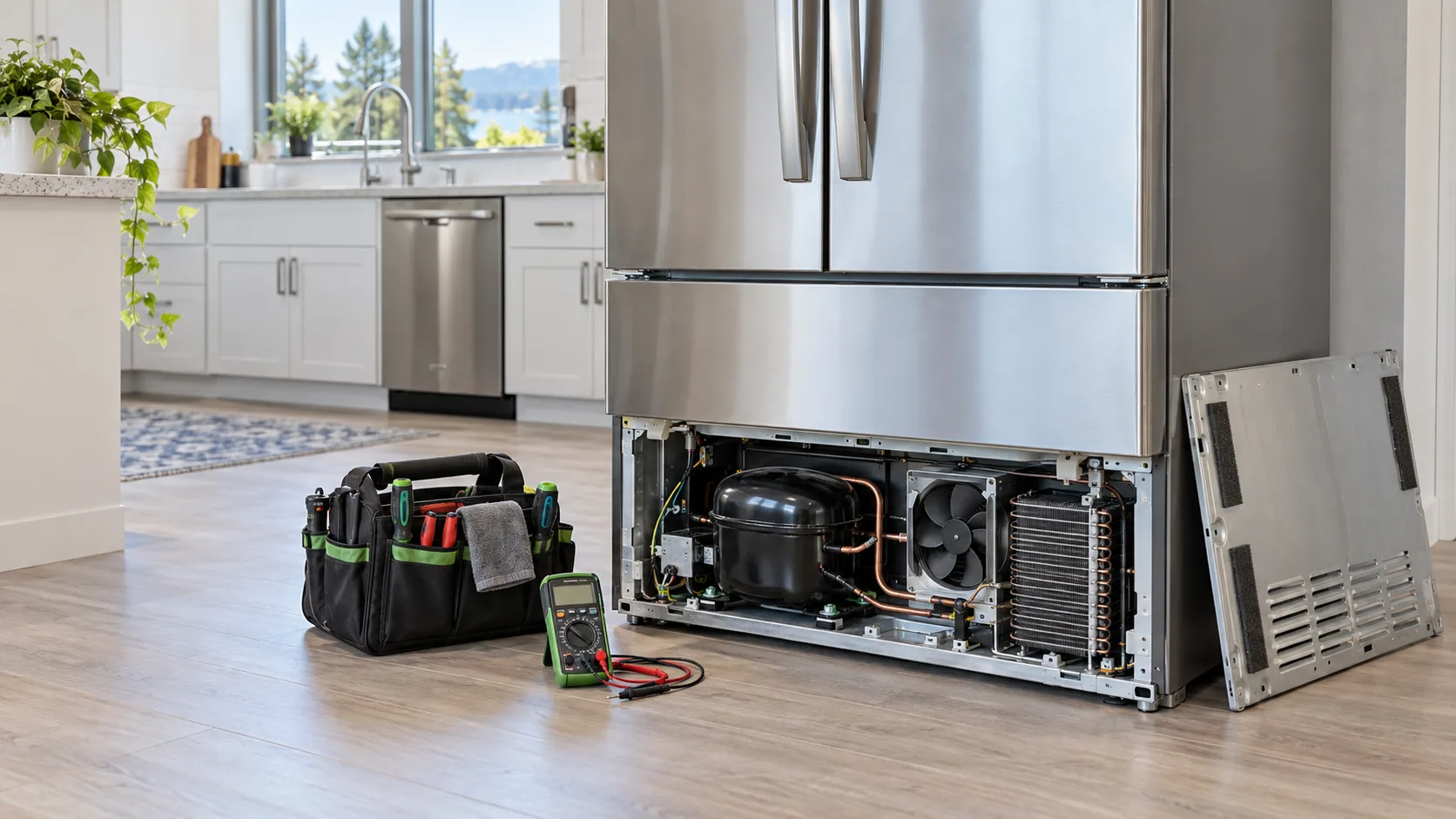 Refrigerator opened at the lower rear compartment for professional diagnosis of unusual operating noises