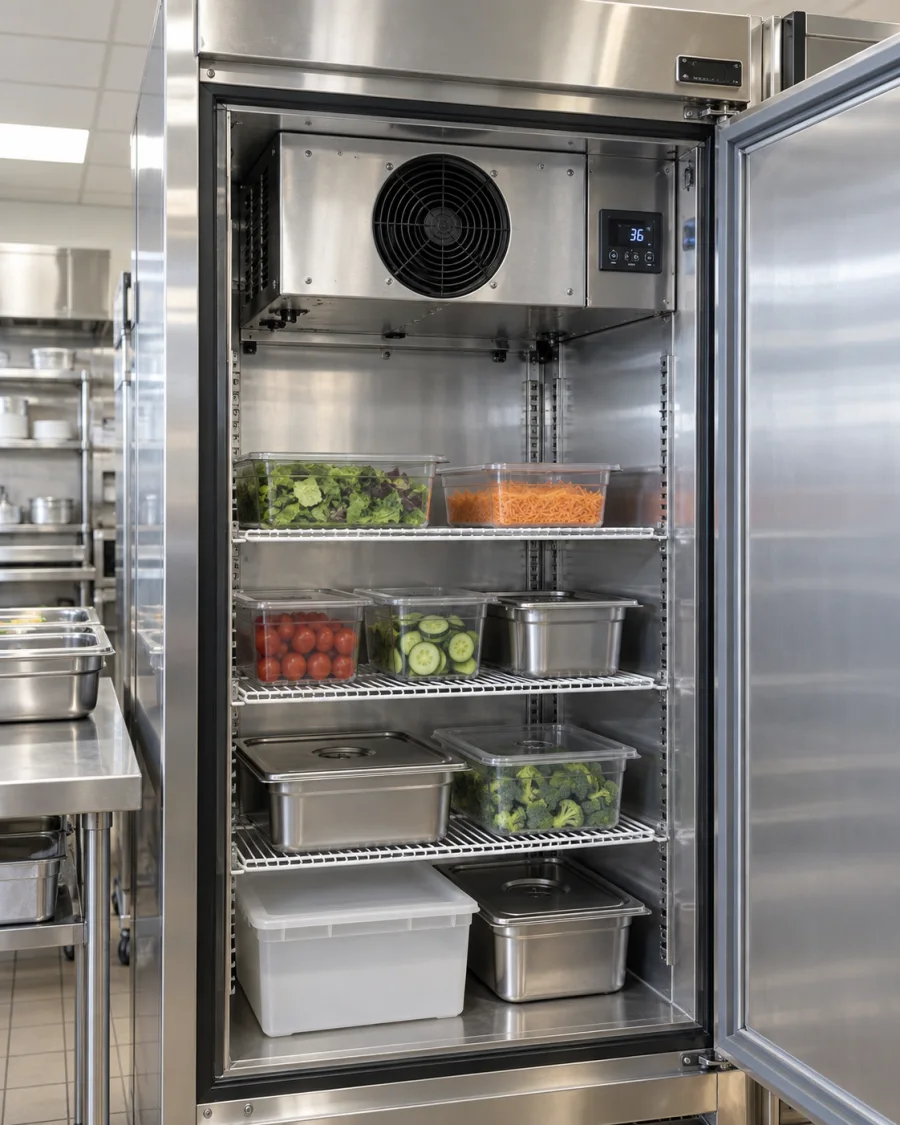 Interior of an open commercial reach-in refrigerator with evaporator and temperature control