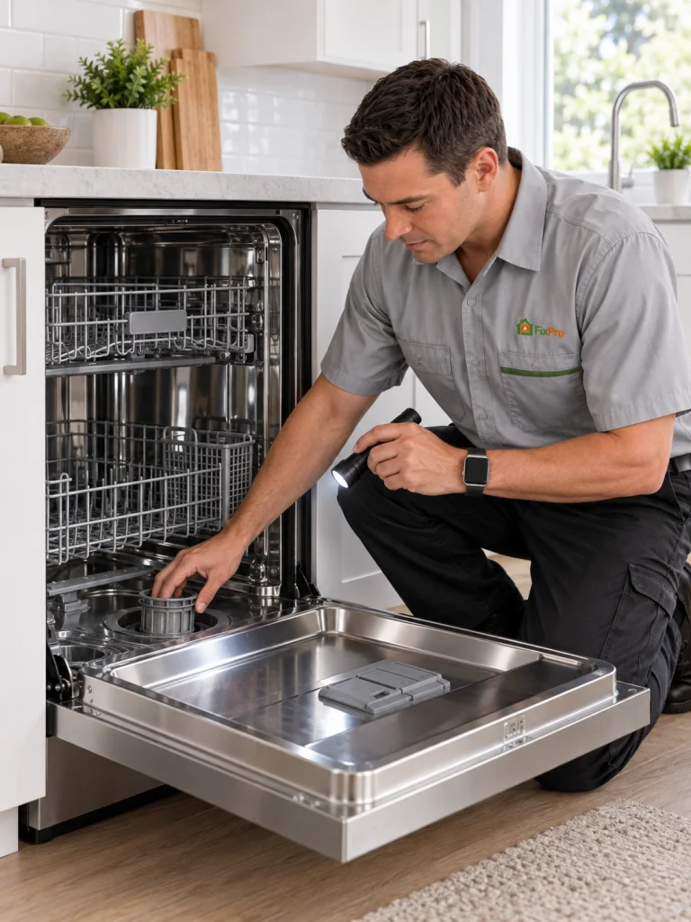 FixPro technician inspecting a built-in dishwasher filter in an Olympia home