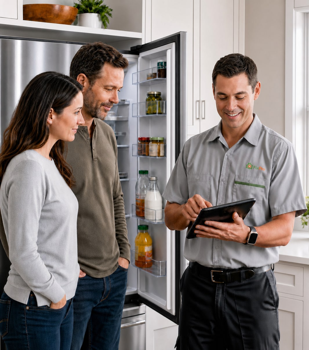 FixPro appliance repair technician reviewing refrigerator service details with two customers